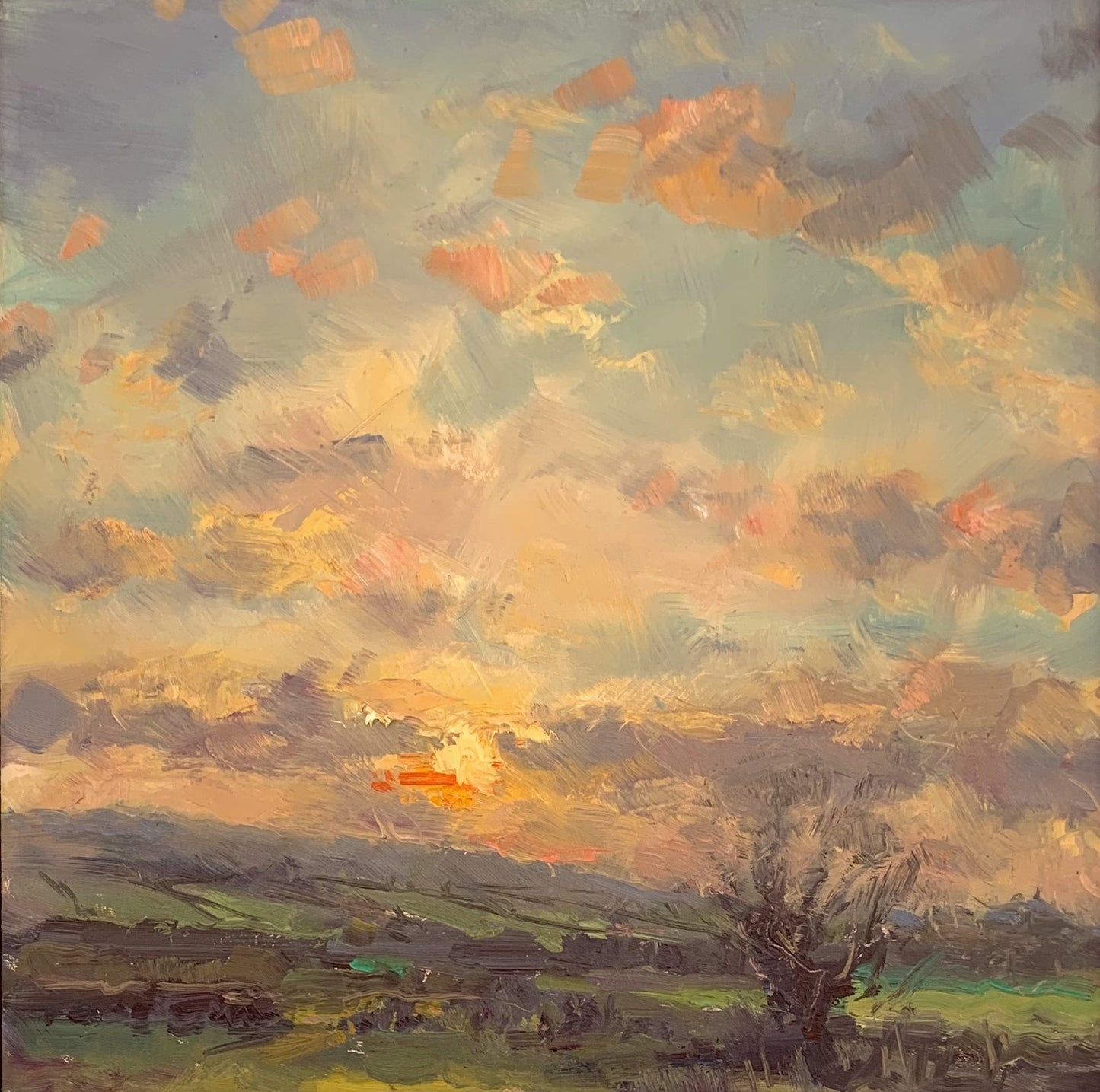 Across the fields, golden sky